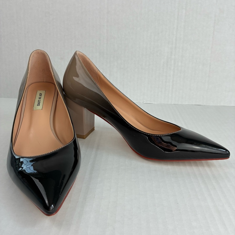 JOY IN LOVE Faux Patent Block Heel Pumps Black Nude Ombré Two Tone - Picture 2 of 10